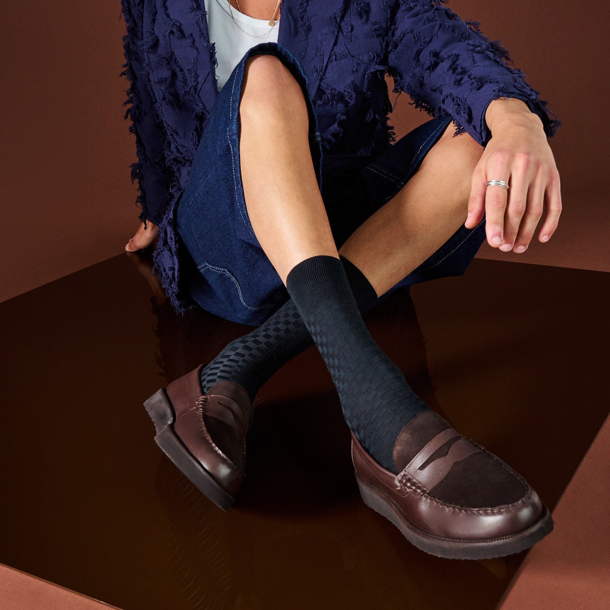 Regnsncox | Ichimatsu Links-Knit Cotton Crew Socks with Refined Checkerboard Pattern