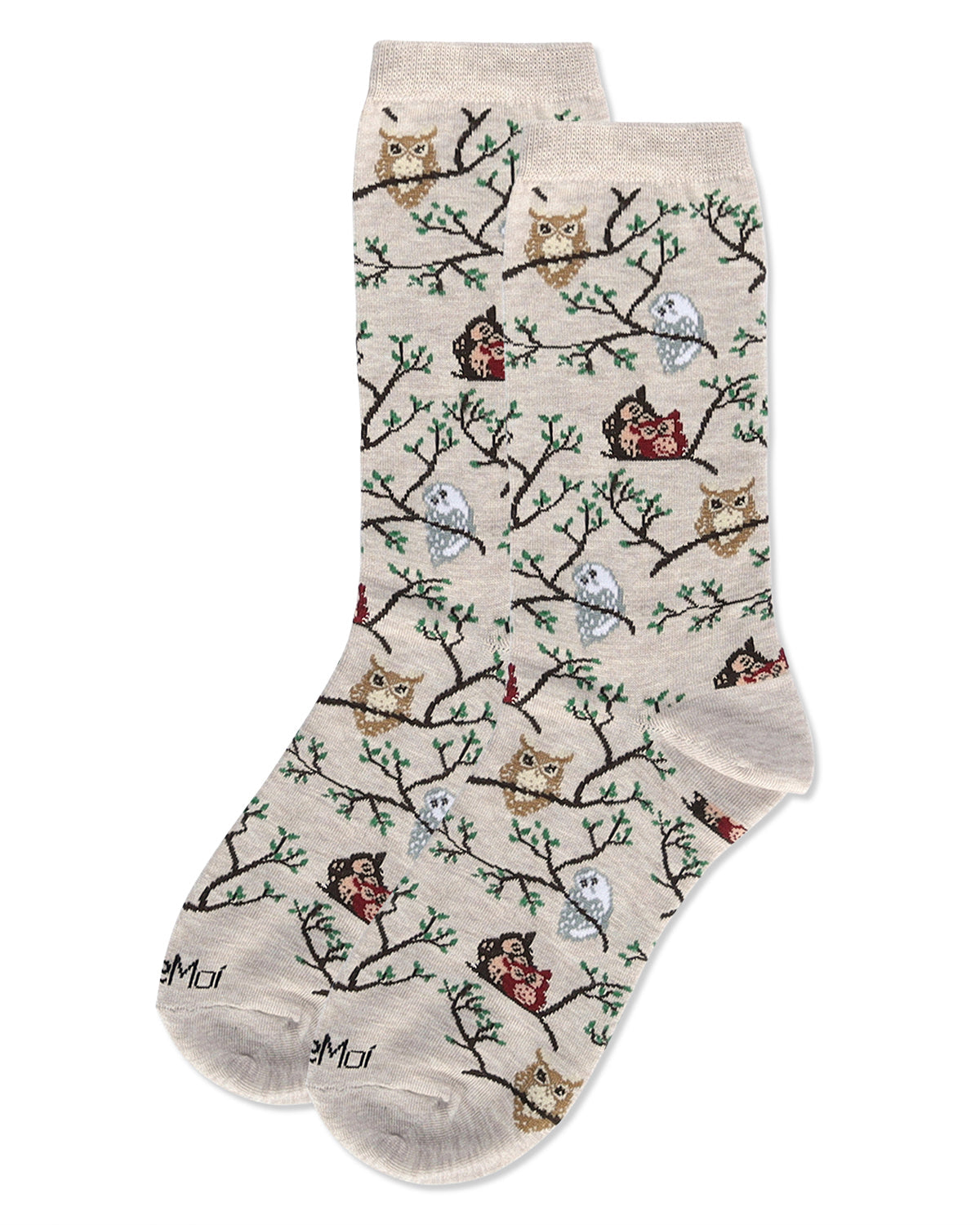 Regnsncox | Bamboo Blend Crew Socks with Owl Pattern in Oatmeal Heather